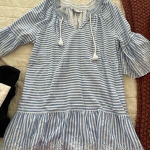 Vineyard Vines 3/4 sleeve blue & white striped dress with eyelet details size 16